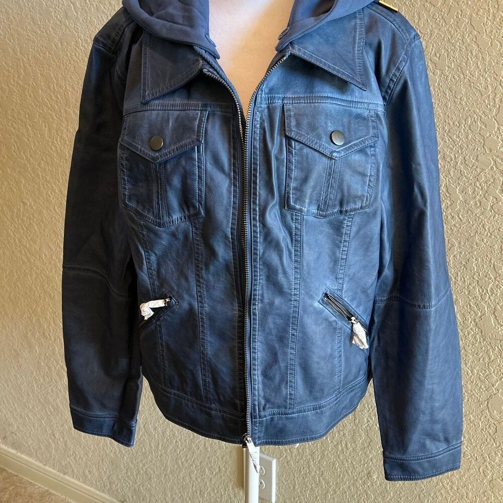 Indigo Threads Size L Faux Leather Jacket Navy Blue Hooded Grunge Alternative